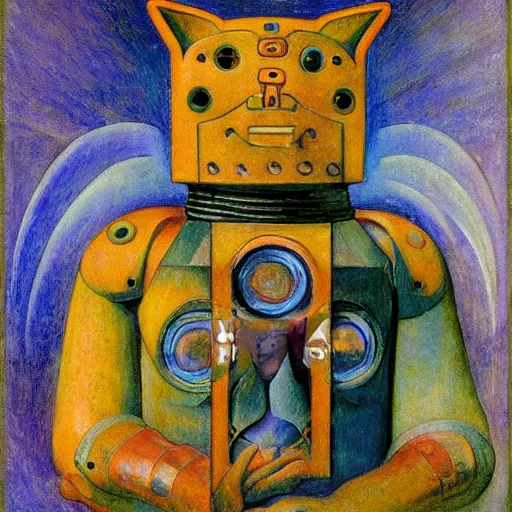 Image similar to ornate robot cat, by annie swynnerton and diego rivera and nicholas roerich and jean delville, symbolist, dramatic lighting, god rays, art brut, rich colors, smooth, sharp focus, extremely detailed, adolf wolfli, by janet fish