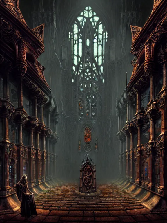 Image similar to steam necropolis, memento mori, gothic, neo - gothic, art nouveau, hyperdetailed copper patina medieval icon, stefan morrell, philippe druillet, ralph mcquarrie, concept art, steampunk, unreal engine, detailed intricate environment, octane render, moody atmospherics, volumetric lighting, ultrasharp, ominous, otherworldly