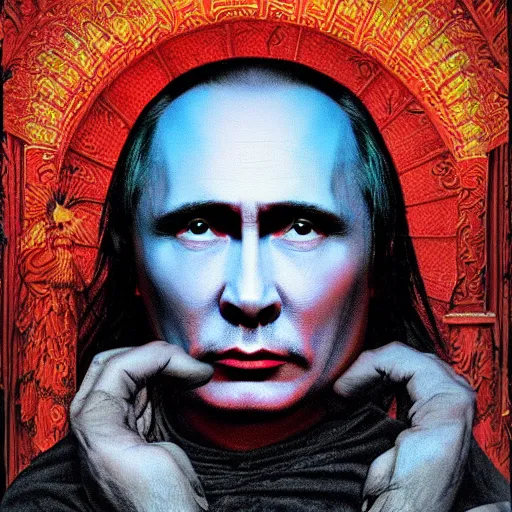 Image similar to stupid idiot degraded retard vlad putin photo - realistic, color image, hyper realistic, 2 k, highly detailed, occult art, by giger, fractal structure