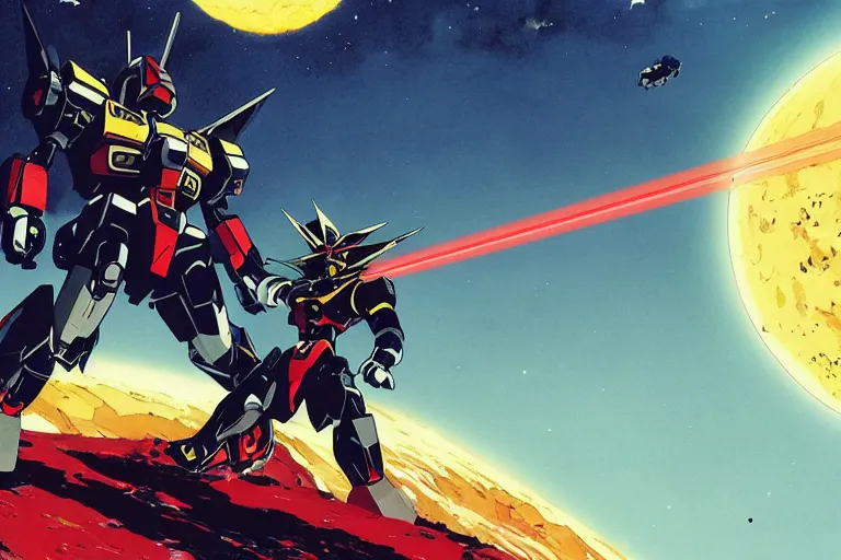 Image similar to full page illustration, black gundam with a laser scythe splitting the moon in half, wide view, fish eye lens, by Katsuhiro Otomo, Geof Darrow, Phil hale, Ashley wood, Ilya repin, frank frazetta, 8k, hd, high resolution print