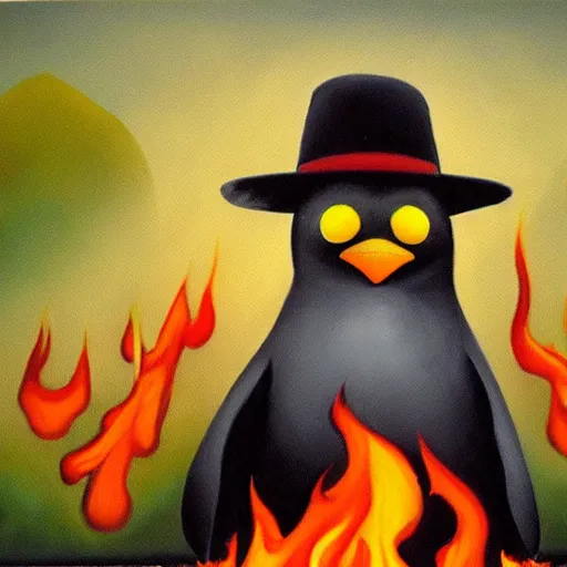 Image similar to penguin with a hat is looking at a burning forest which is sadly beautiful, dystopian oil painting