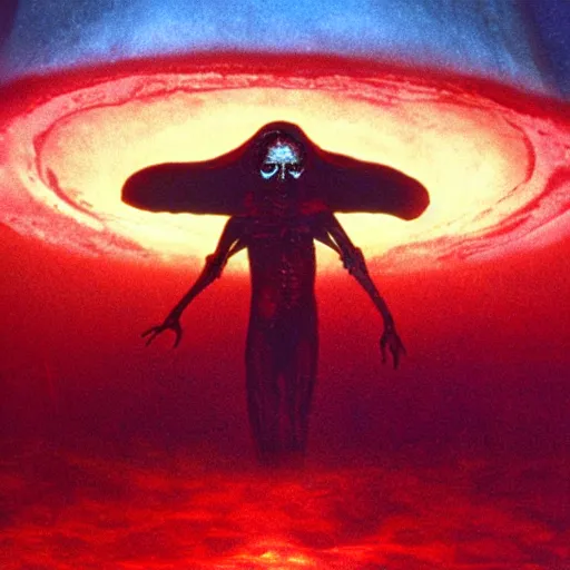 Prompt: the filmic anti - christ rising from a red ocean. ominous. vivid color detailed photograph from a 1 9 9 0 s horror movie. alien squid in the background.