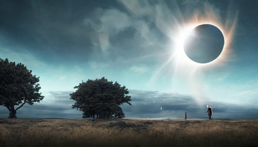 Image similar to solar eclipse in iceland, rocket launch in the background, one tree, dramatic lighting, jessica rossier, art station
