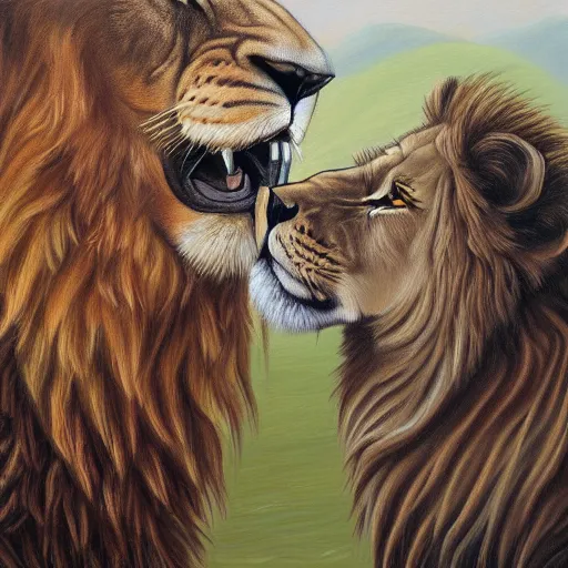 Image similar to oil painting of a lion kissing another lion male, detailed, 4k, fantasy