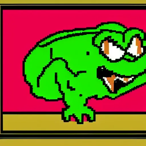 Image similar to 6 4 bit, 8 bit nes graphics. antropomorphic muscular masculine pepe the frog. kickboxer fighter, in shorts. aggressive large head. art from nes game cartridge