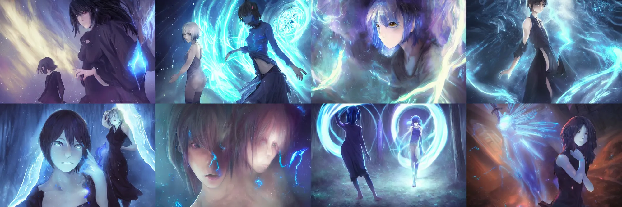 Prompt: girl with a blue mystic light aura, shadowy demons attacking, short dark hair, bobcut, timid, pensive, slender beauty, walking forward, barefoot, keeping away demons, demons in background, crouching and snarling, kept away, blue glowing flowing energy, distant shot, full body shot, anime art by wlop and mobius, fantasy art