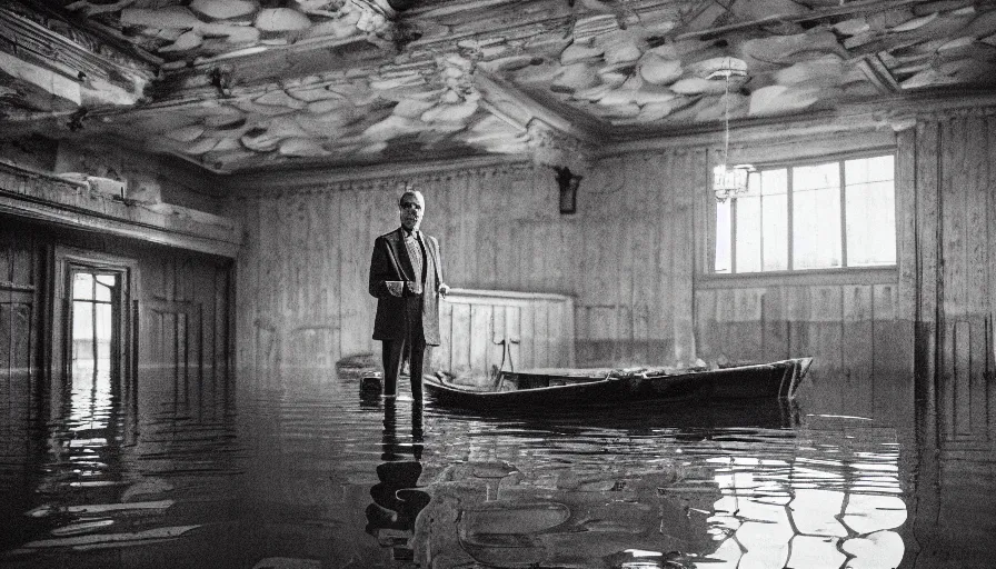 Prompt: a man in a organic barque in a flooded soviet ballroom, leica sl 2 technicolor, heavy grain, high quality, high detail