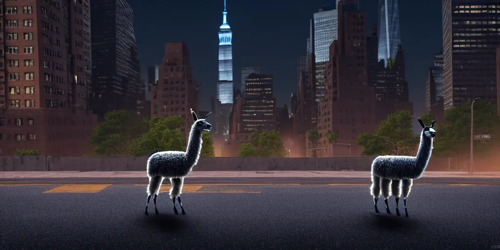 Prompt: a llama walking through a desolate manhattan city street at night, statue of liberty seen in the background, realistic 4 k octane beautifully detailed render, 4 k post - processing, highly detailed, detailed face, intricate complexity, epic composition, magical atmosphere, cinematic lighting, masterpiece, color picture, ultra hd