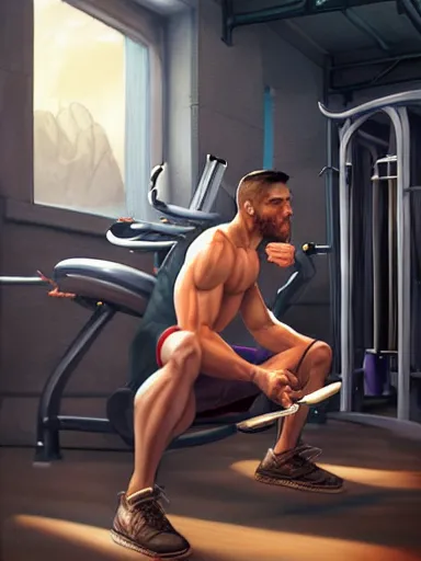 Image similar to a handsome man flirting in the gym. intricate, elegant, highly detailed, digital painting, artstation, cinematic shot, concept art, sharp focus, illustration, by justin gerard and artgerm, 8 k