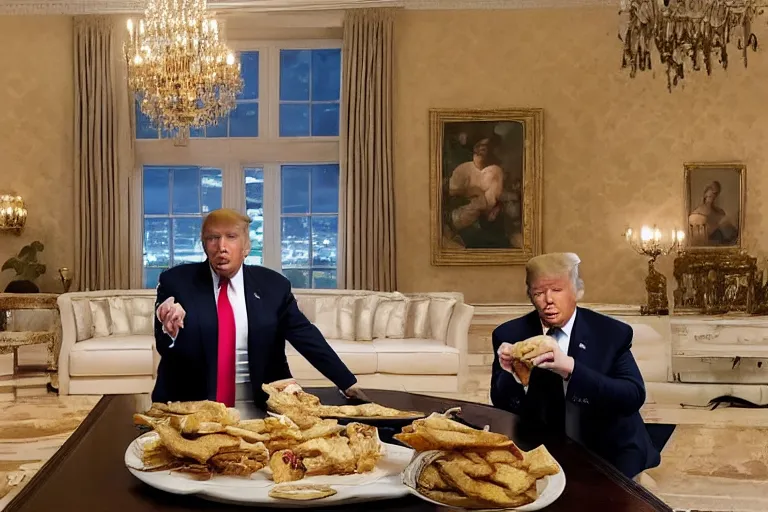 Image similar to Donald Trump visibly sulks, eating a cheeseburger, Inside his Mar-a-Lago home, as the home is raided by many federal agents, raided by feds, panicking, Highly detailed, Cinematic, hyperrealistic, photorealistic, 4k, Realistic, detailed.