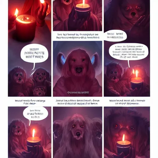 Image similar to acolytes using demonic candle lit summoning circle to summon a puppy by magali villeneuve and by wlop