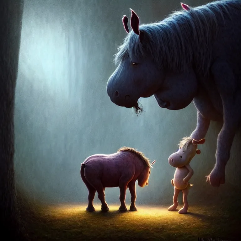 Prompt: epic professional digital art of hungry eeyore, atmospheric lighting, painted, intricate, detailed, by leesha hannigan, wayne haag, reyna rochin, ignacio fernandez rios, mark ryden, iris van herpen, best on artstation, best on cgsociety, epic, stunning, gorgeous, much wow, cinematic, masterpiece.