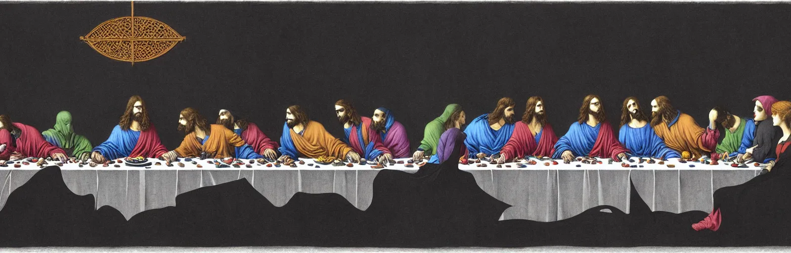 Prompt: vibrant! colorful!!! the last supper of batman by rene magritte, the dark knight by laurie greasley and bouguereau, ( ( etching by gustave dore ) ), ultraclear intricate, sharp focus, highly detailed digital painting illustration, concept art, masterpiece