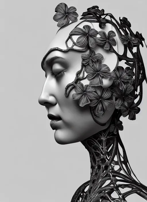 Image similar to monochrome 3 d model, biomechanical young female cyborg with porcelain profile face and a big floral eye, volumetric light, big leaves foliage and stems, hibiscus flowers, boho floral vines, sinuous fine roots, fine foliage lace, alexander mcqueen, rim light, art nouveau fashion pearl embroidered collar, steampunk, redshift render, 8 k