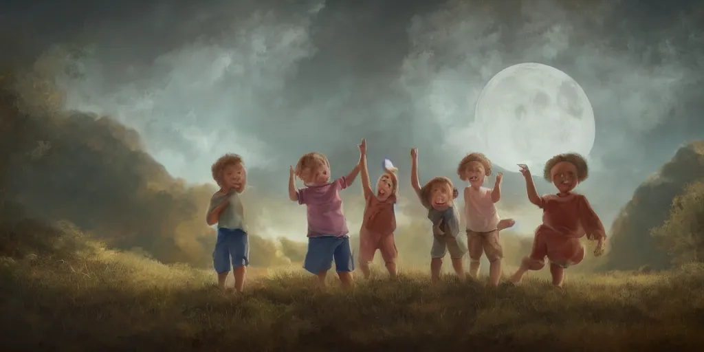 Prompt: portrait of cute little kids waving their hands, dreamy matte painting, night time, photorealistic faces and skin tones, volumetric lighting, smooth, trending on artstation, moonlit backdrop