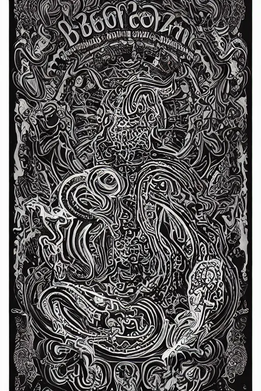 Image similar to Flowing lettering that says The Bozone, Fillmore concert poster for The Bozone by Robert Crumb, by Victor Moscoso, by Laurie Lipton, black light velvet poster for a band called The Bozone, intricate paisley filigree of lettering that says The Bozone, Bozo the clown. Clown motif, Shiny bulbous red clown nose at the center of an infinite fractal mandala tunnel of clowns, Unreal Engine, Cryengine, trending on Artstation,