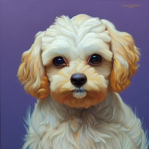 Prompt: intricate five star maltipoo facial portrait by casey weldon, oil on canvas, hdr, high detail, photo realistic, hyperrealism, matte finish, high contrast, 3 d depth, centered, masterpiece, vivid and vibrant colors, enhanced light effect, enhanced eye detail, artstationhd