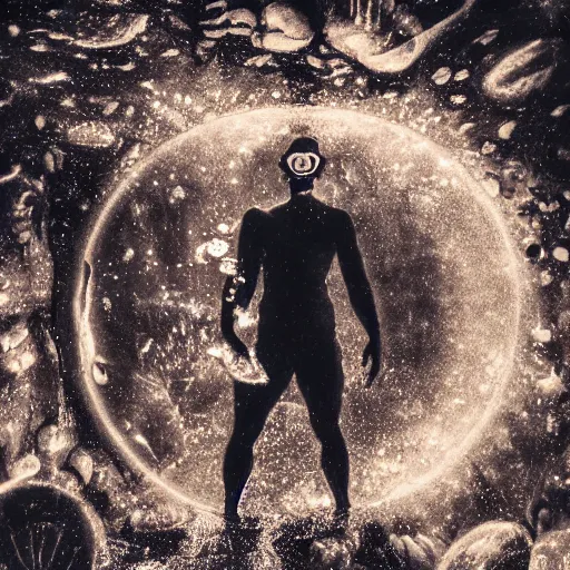 Prompt: diver in a dark cave underwater, painting, cosmic, haunted, cave like teeth, bubbles, scary, reaching for glowing white sphere, darkness encircling, closing in on him, shadows like teeth, 4k,