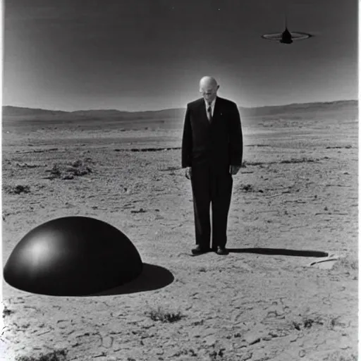 Image similar to president eisenhower aboarding a ufo in the desert as high ranked government officials are watching, black and white old photo