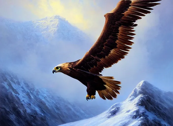 Image similar to A great golden eagle soars above a snowy mountain, by Mandy Jurgens, Artgerm, intricate, elegant, digital painting