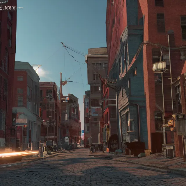 Image similar to colonial portsmouth new hampshire street as a cybercity, cyberpunk, colonial, synthwave, futuristic colonial hybrid, cinematic, volumetric, realistic, cinematic lighting, ray tracing, unreal engine 5, octane render, hyper realistic, photo, 8 k