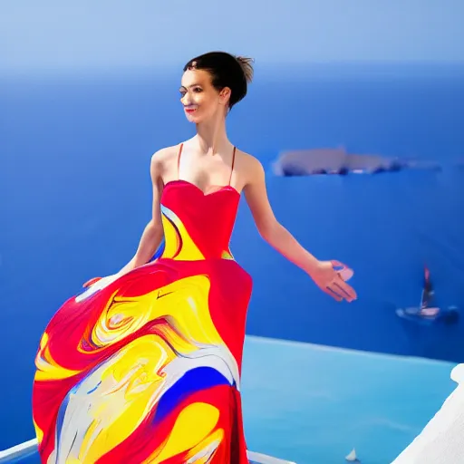 Image similar to beautiful modern dancer wearing a red, yellow, blue swirling dress, standing on a Santorini terrace looking down into the ocean, trending on artstation, cinematic, photorealistic