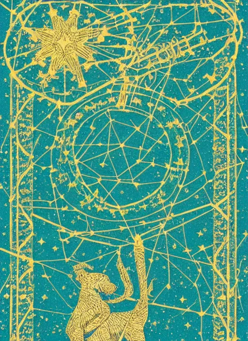 Image similar to a constellation card, about leo, high texture frosted background, fine pattern, rococo style, medieval style, by james jean and jung park, vertical line composition, center composition, parchment, cool, solemn, solemn, deep color, high precision, 4 k, wallpaper