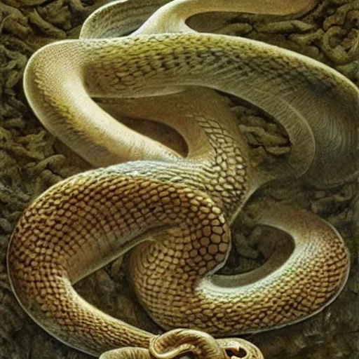 Image similar to lavish by emile galle, by michael whelan ancient roman. a beautiful land art of a snake eating its own tail that seems to go on forever.