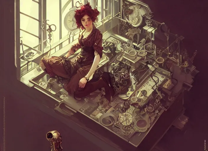 Image similar to ikea, woman model, steampunk!!! and modern, top view, rgb, backlit, elegant, highly detailed, digital painting, artstation, concept art, smooth, sharp focus, illustration, art by krenz cushart and artem demura and alphonse mucha