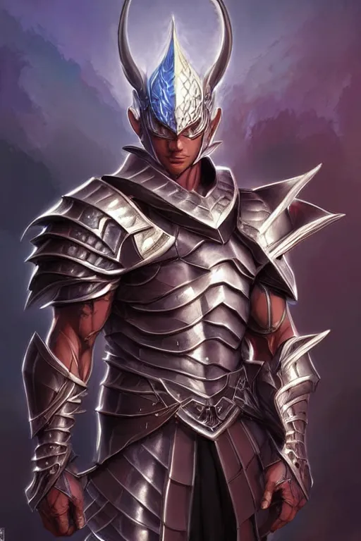 Image similar to Full body character concept art of an anime draconian warrior knight, iridescent scales, cool face, muscular, by Stanley Artgerm Lau, WLOP, Rossdraws, James Jean, Andrei Riabovitchev, Marc Simonetti, and Sakimichan, tranding on artstation