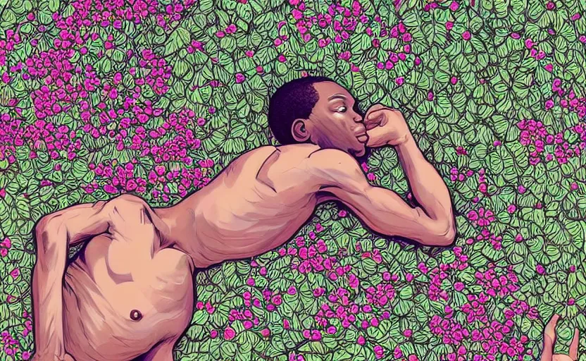 Image similar to african boy lying down in a garden - wrapped in flower vines, art by james jean, sharp, detailed, digital painting, illustration, intricate detail, pinterest, behance, art station,