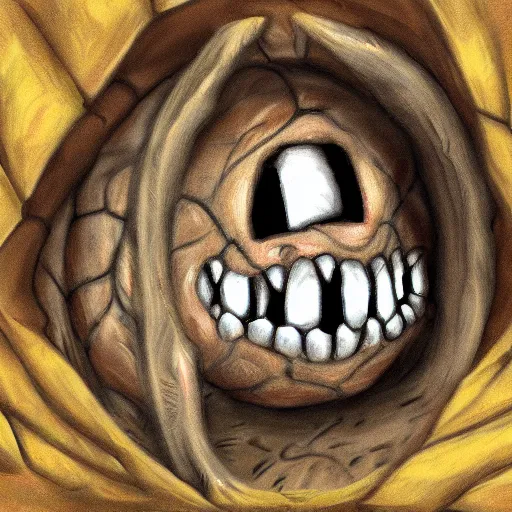 Prompt: a mimic disguised as a basketball inside of a cave gnarling it's teeth ready to attack, fantasy, digital painting