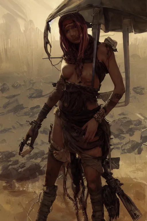 Image similar to a full body portrait of a beautiful post apocalyptic offworld police district bedouin blind pulp fiction scarlet wild rogue barbarian leper begging by the roadside, intricate, elegant, highly detailed, digital painting, artstation, concept art, smooth, sharp focus, illustration, art by krenz cushart and artem demura and alphonse mucha