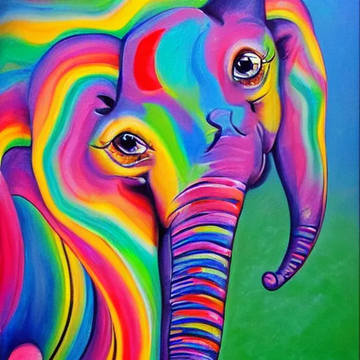 Prompt: cute baby elephant holding paintbrush in it's trunk painting colorful swirls on an artist easel detailed oil painting 4k