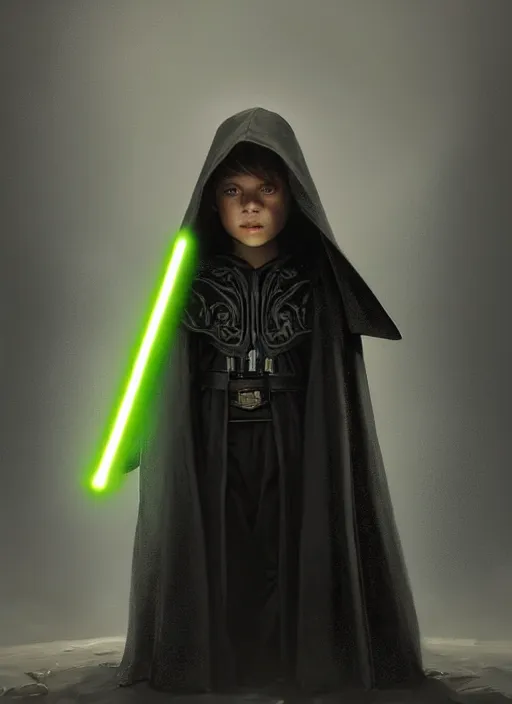 Image similar to perfectly - centered - portrait of a kid wearing black cloak holding light saber, intricate, highly detailed, digital painting, artstation, concept art, smooth, sharp focus, illustration, unreal engine 5, 8 k, art by artgerm and greg rutkowski and alphonse mucha and sam spratt