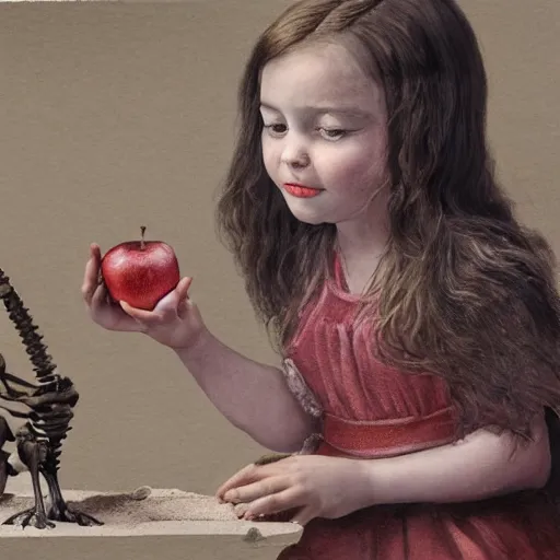 Prompt: a portrait of a little girl feeding an apple to a skeleton horse, the girl looks happy and have bright eyes and a porcelain face, matte painting 3 d watercolour rendering,