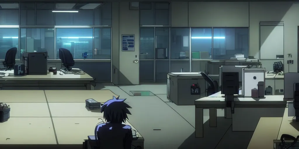 Image similar to an empty after hours cyberpunk police office office in the cyberpunk anime film, Shichiro Kobayashi, screenshot in the anime series ergo proxy ergo proxy ergo proxy and Detroit metal city, interior