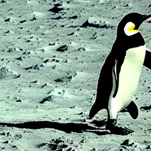 Prompt: A penguin wearing a space helmet. The apollo lunar lander on the lunar surface next to it. CCTV footage.