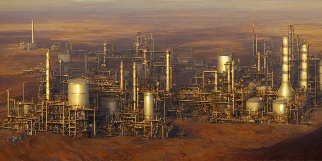 Prompt: detailed cinematic high angle shot of oil refinery power plant in the arabian desert, spring light, painting by gaston bussiere, craig mullins, j. c. leyendecker