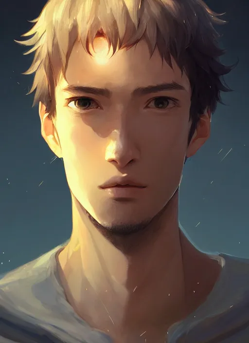 Image similar to a portrait of the most beautiful man in the world, intricate, tone mapped, ambient lighting, highly detailed, digital painting, artstation, concept art, 4 k, god rays, stunning beautiful, glowing eyes, sharp focus, by makoto shinkai and akihiko yoshida and hidari and wlop