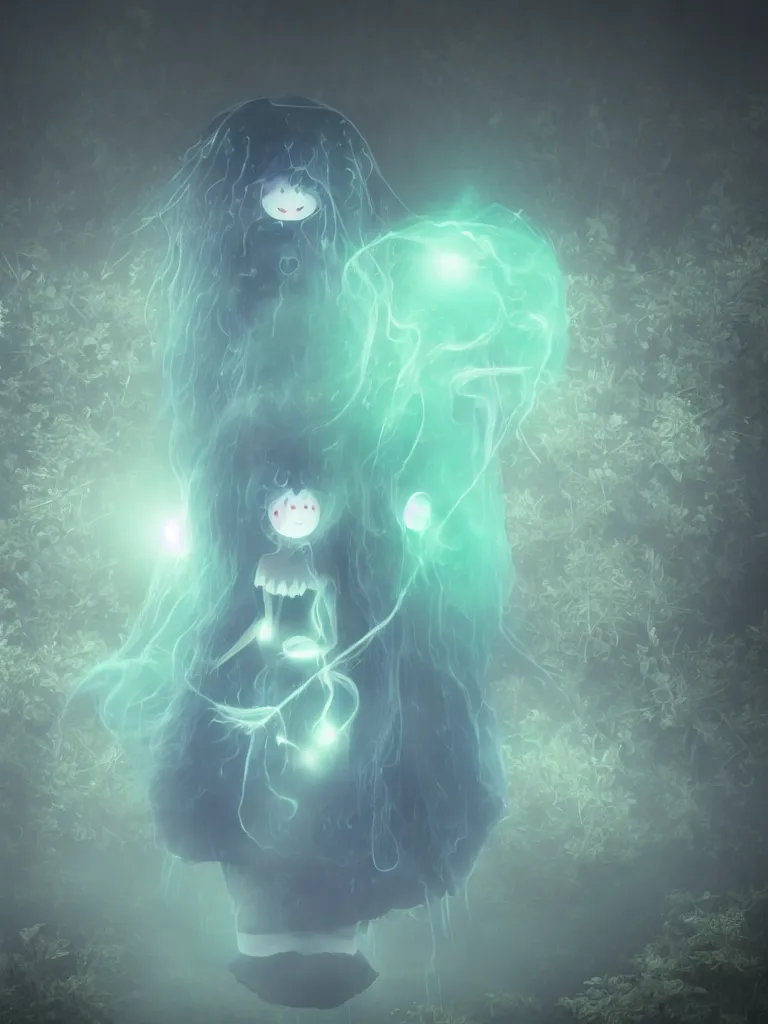 Image similar to cute fumo plush smiling ectoplasmic gothic jellyfish ghost girl dancing over mysterious waters, anime, reflective moonlit river in the midst of a forgotten forest, glowing pink wisps of hazy green smoke and eerie blue volumetric fog swirling, glowing lens flare, black and white, refraction, vray