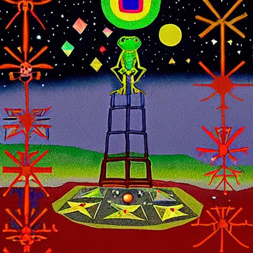 Image similar to pixel decollage painting tarot lovers card composition tower of babel road red armor maggot bear and wonky alien frog skeleton knight on a horse in a dark red cloudy night sky with golden foil jewish stars, occult symbols and diamonds, mountain lake and blossoming field in background, painted by Mark Rothko, Helen Frankenthaler, Danny Fox and Hilma af Klint, pixelated, neo expressionism, semi naive, pastel colors, cinematic, color field painting, cave painting, voxel, pop art look, outsider art, minimalistic. Bill Traylor painting, part by Philip Guston and Francis Bacon. art by Adrian Ghenie, very coherent symmetrical artwork, cinematic, hyper realism, high detail, octane render, unreal engine, Smooth gradients, depth of field, full body character drawing, extremely detailed, 8k, extreme detail, intricate detail, masterpiece