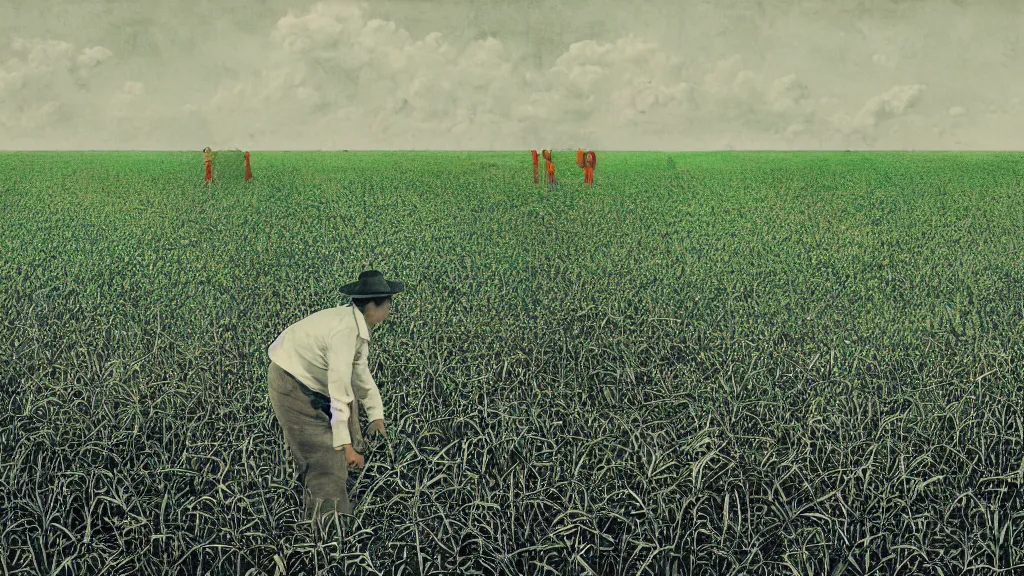 Prompt: farmer and sugar cane field, okinawa japan, a collage painting, in the style of wes anderson, lola dupre, david hockney, isolated on negative white space background dark monochrome neon fluorescent spraypaint accents volumetric octane render