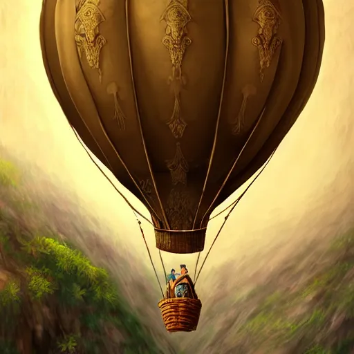 Image similar to old air balloon, epic fantasy, detailed, intricate, digital painting, concept art, realistic, smooth, focus, rim light