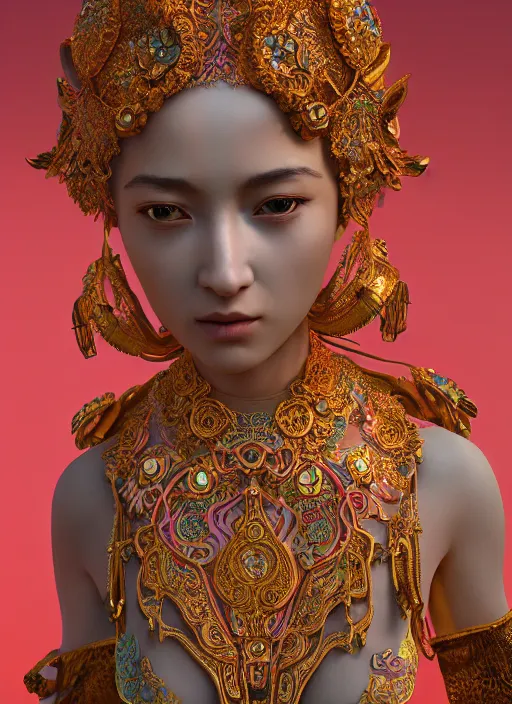 Image similar to a photo - real delicate sculpture of an ornate detailed oriental girl in front of a intricate background by aj fosik, micro detail, backlit lighting, octane renderer, colorful, physically based rendering, tribal art, trending on cgsociety