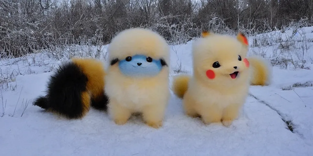 Image similar to real life pokemons, cute!!!, content!!!, mischievous!!!, adorable!!!, fluffy!!!, ultra realistic!!!, winter, blanket of snow, 4 0 0 0 kelvin, golden hour, sharp focus