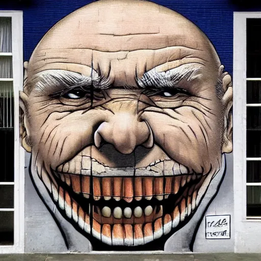 Image similar to A beautiful street art of of a giant head. The head is bald and has a big nose. The eyes are wide open and have a crazy look. The mouth is open and has sharp teeth. The neck is long and thin. intricate by Frank Quitely, by Vito Acconci evocative