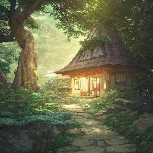 Prompt: beautiful house on a forest path, beautiful ancient trees, hiding large treasure chest, serene evening atmosphere, soft lens, soft light, cel - shading, animation, in the style of cgsociety, deviantart, artstation, zbrush, cinema 4 d, studio ghibli, akihiko yoshida, atelier lulua, james jean, masamune shirow