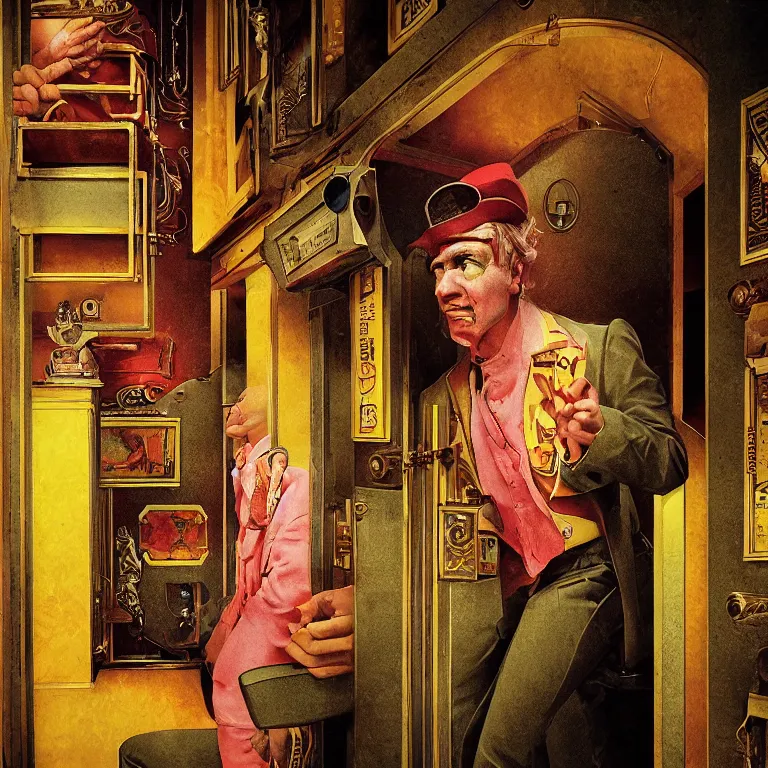 Image similar to low angle octane render portrait by wayne barlow and carlo crivelli and glenn fabry, a sinister man in a bright colorful saturated wes anderson elevator operator costume inside a dark and moody vintage elevator in a high - end exotic vintage boutique hotel, very short depth of field, bokeh