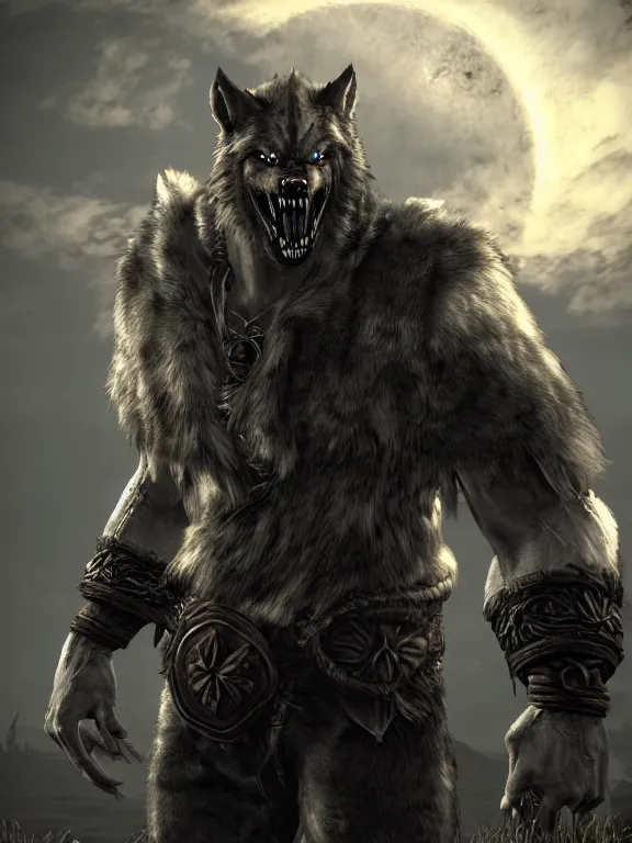 Prompt: cute handsome calm happy relaxed cuddly burly surly werewolf from van helsing unreal engine hyperreallistic render 8k character concept art masterpiece screenshot from the video game the Elder Scrolls V: Skyrim